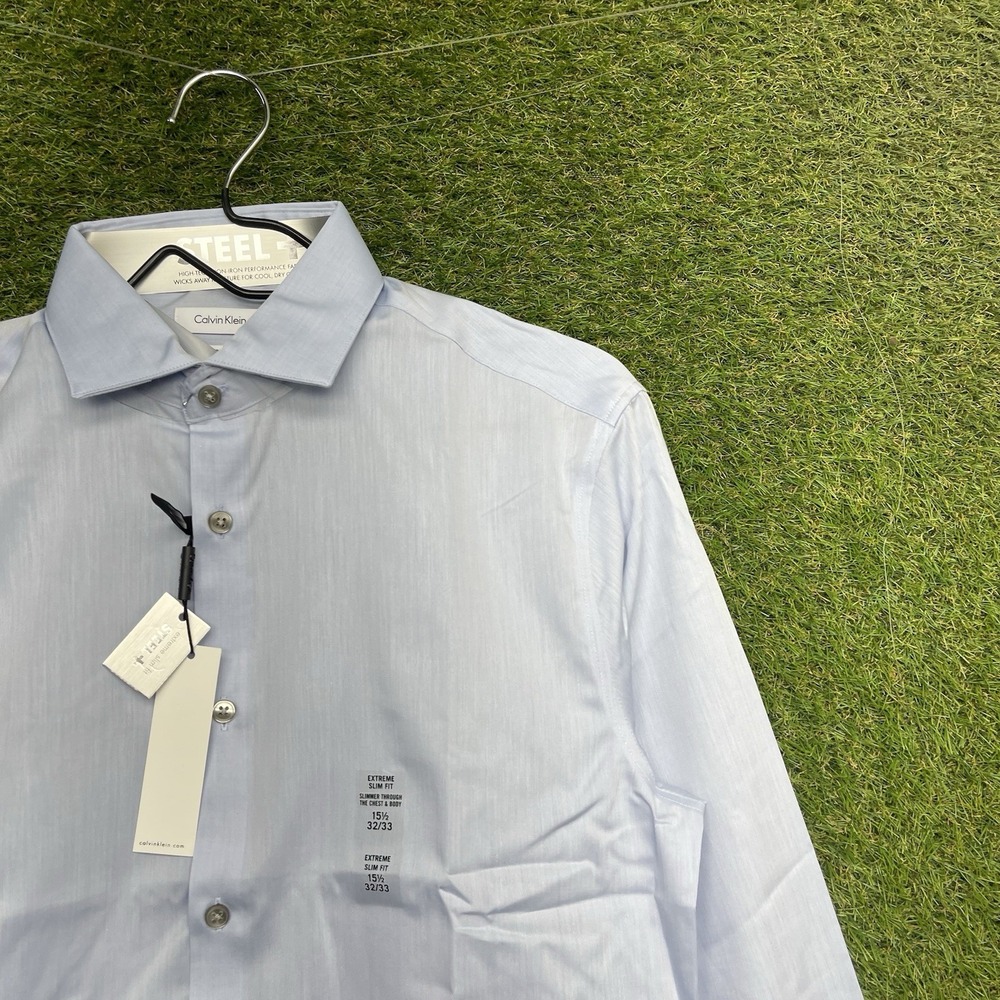 Calvin Klein Steel+ Dress Shirt Mens 15.5 32/33 Slim Fit Blue Button Up NWT